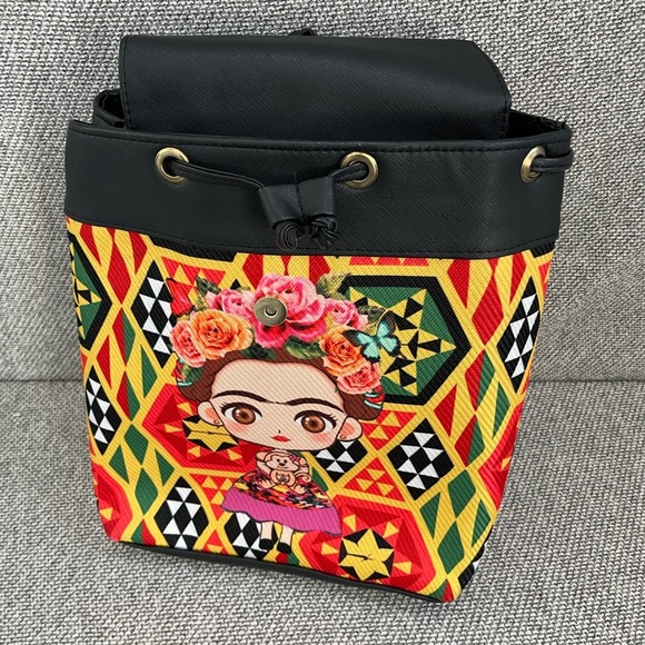 Frida Kahlo Vibrant Black and Red Geometric Backpack Puse - Picture 7 of 16